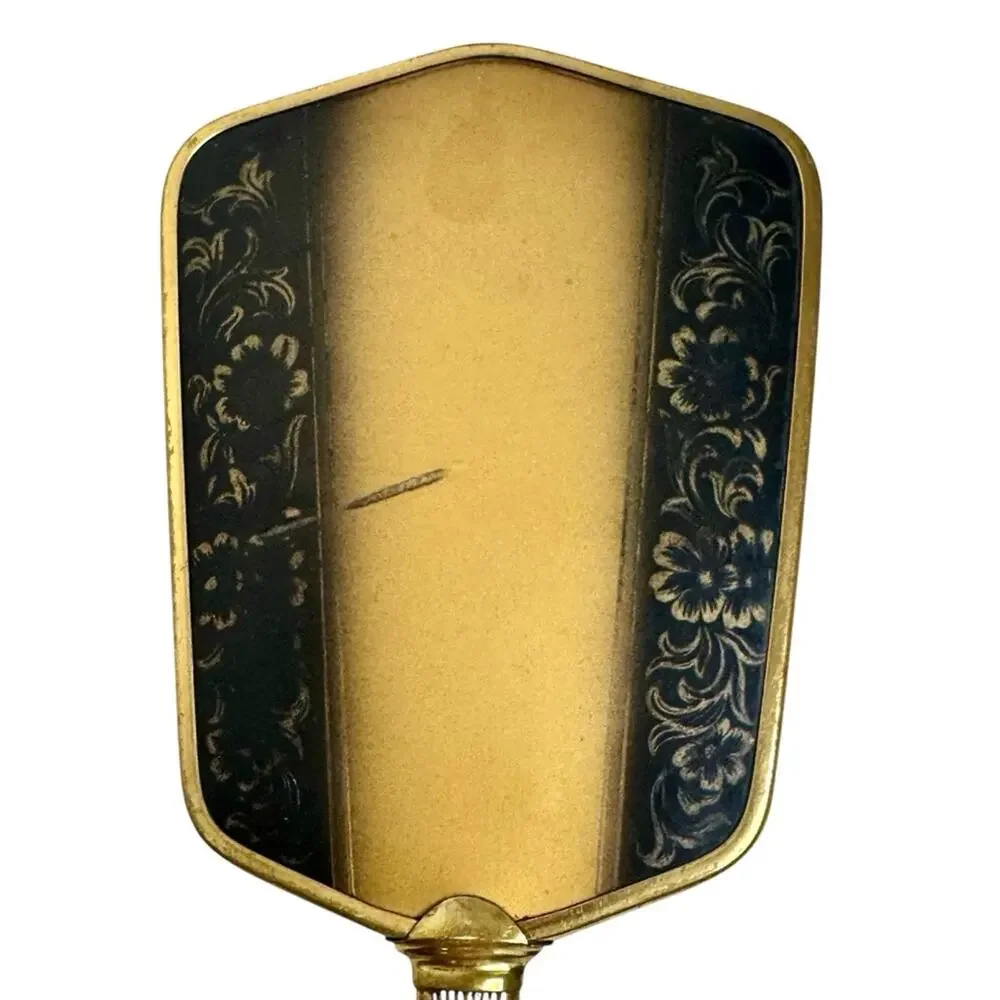 Vintage Gold Tone Art Deco Vanity Hand Mirror Ornate Floral Design Boudoir Retro